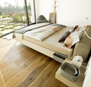 Bett mit Kopfteil Leder beige