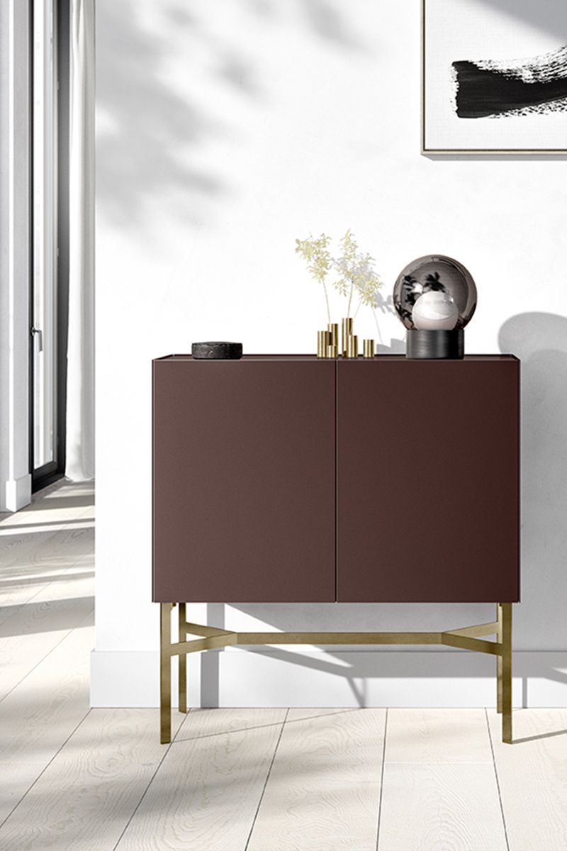 Edles Highboard Lack matt braun auf Metallfüßen Gold