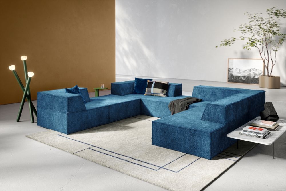 Modulare Polsterlandschaft Trio aus flauschigem Hochflor petrol