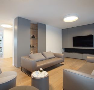 Puristische Wohnzimmereinrichtung grau mit Ledersofa